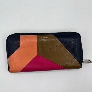 Fossil Leather Patchwork Zip Around Wallet Multicolor Navy Blue RFID Organizer